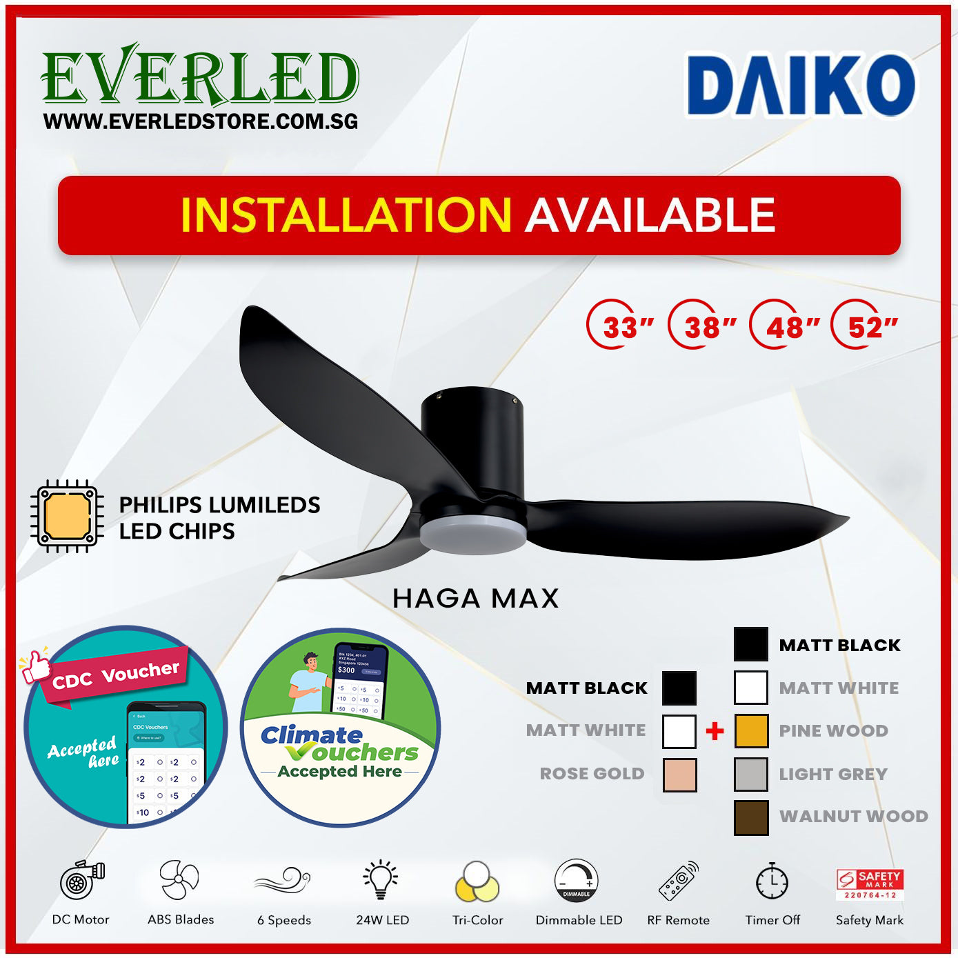 *FREE INSTALLATION* Daiko DC Haga Max 33"/38"/48"/52" with Tri-color LED (Inverter DC Fan) *CDC & Climate Voucher Accepted In Showroom*