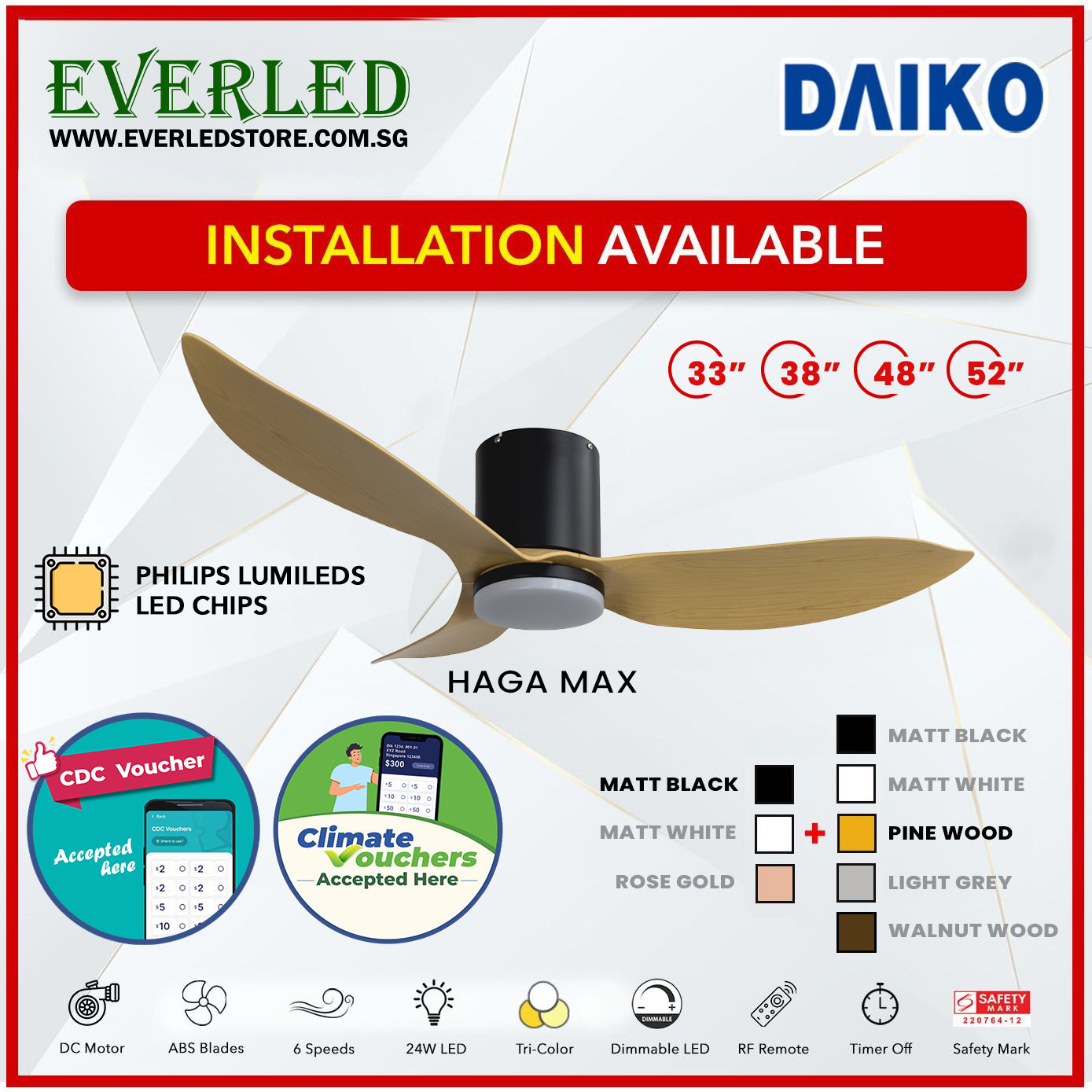 *FREE INSTALLATION* Daiko DC Haga Max 33"/38"/48"/52" with Tri-color LED (Inverter DC Fan) *CDC & Climate Voucher Accepted In Showroom*