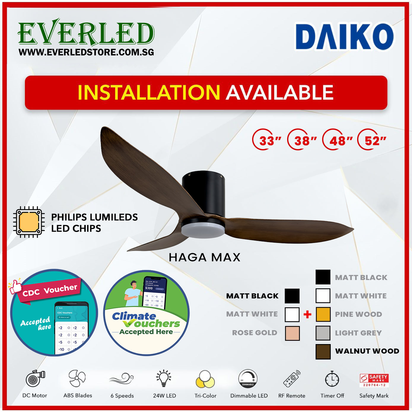 *FREE INSTALLATION* Daiko DC Haga Max 33"/38"/48"/52" with Tri-color LED (Inverter DC Fan) *CDC & Climate Voucher Accepted In Showroom*