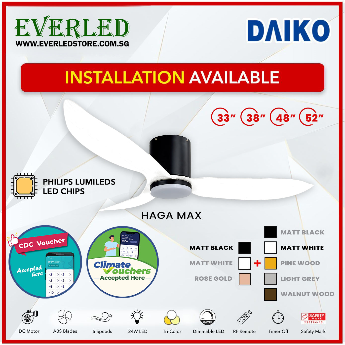 *FREE INSTALLATION* Daiko DC Haga Max 33"/38"/48"/52" with Tri-color LED (Inverter DC Fan) *CDC & Climate Voucher Accepted In Showroom*