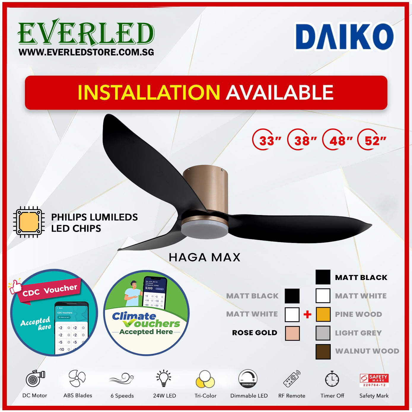 *FREE INSTALLATION* Daiko DC Haga Max 33"/38"/48"/52" with Tri-color LED (Inverter DC Fan) *CDC & Climate Voucher Accepted In Showroom*