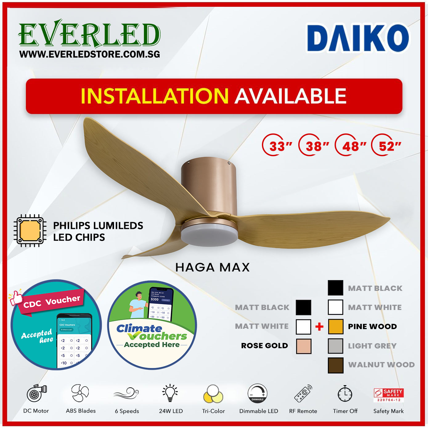 *FREE INSTALLATION* Daiko DC Haga Max 33"/38"/48"/52" with Tri-color LED (Inverter DC Fan) *CDC & Climate Voucher Accepted In Showroom*