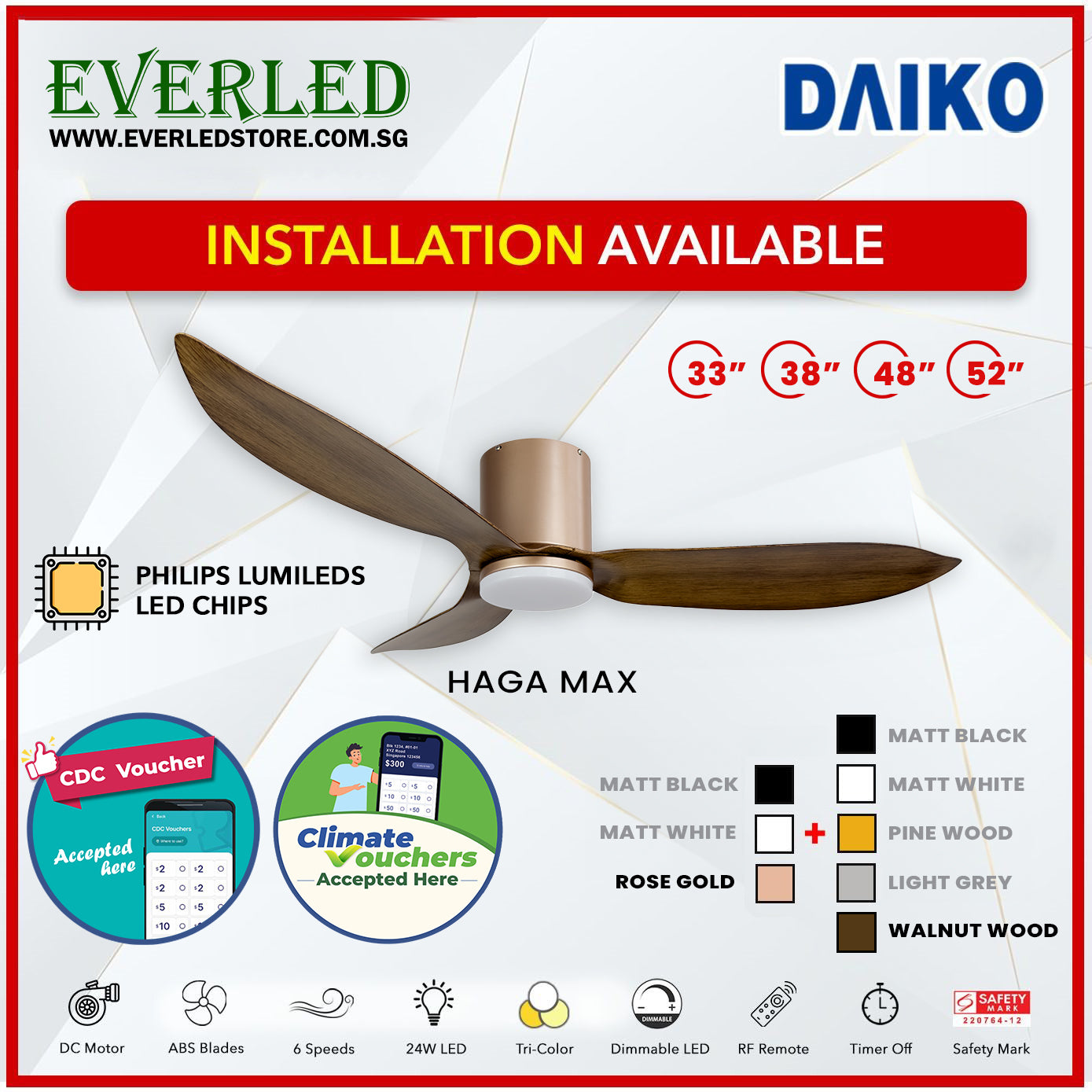 *FREE INSTALLATION* Daiko DC Haga Max 33"/38"/48"/52" with Tri-color LED (Inverter DC Fan) *CDC & Climate Voucher Accepted In Showroom*