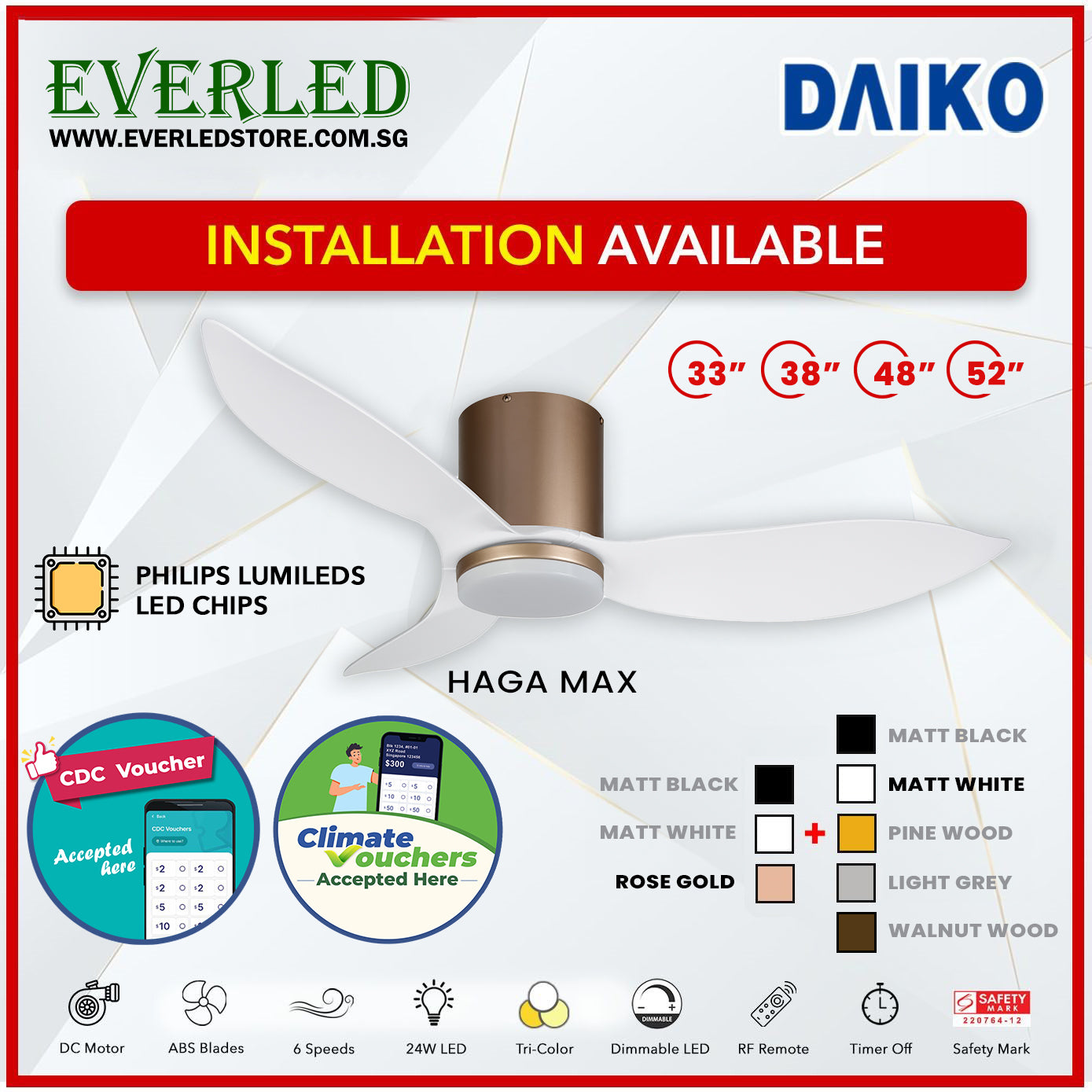 *FREE INSTALLATION* Daiko DC Haga Max 33"/38"/48"/52" with Tri-color LED (Inverter DC Fan) *CDC & Climate Voucher Accepted In Showroom*