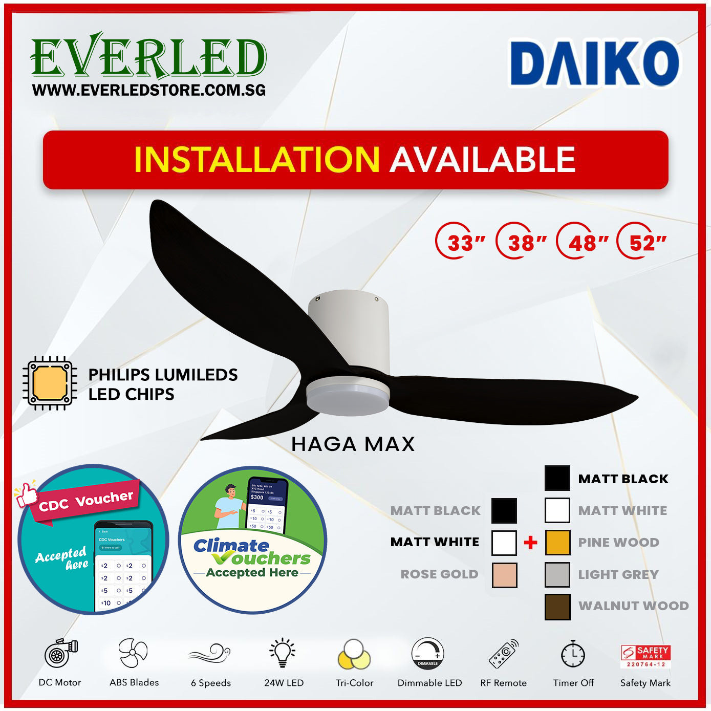 *FREE INSTALLATION* Daiko DC Haga Max 33"/38"/48"/52" with Tri-color LED (Inverter DC Fan) *CDC & Climate Voucher Accepted In Showroom*