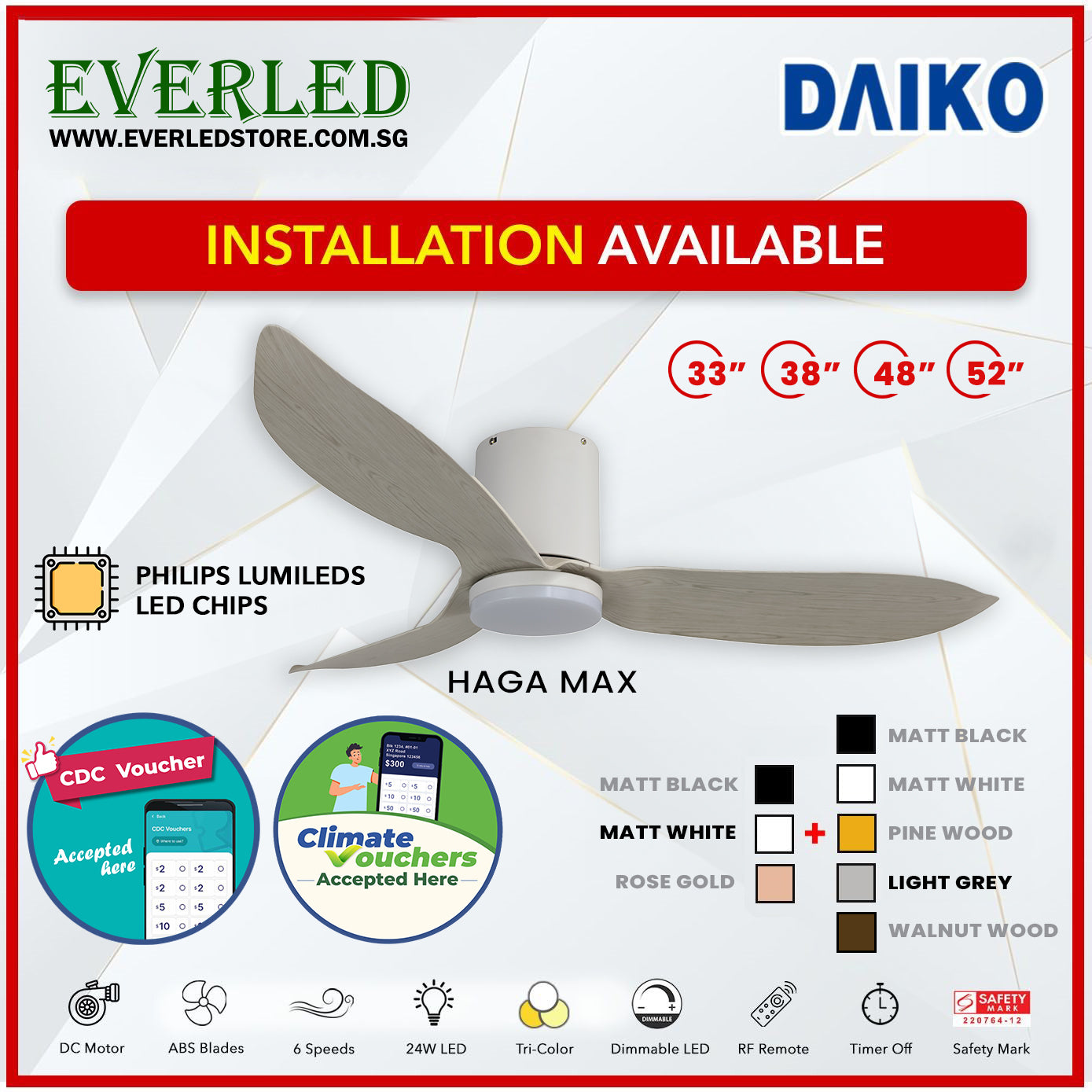 *FREE INSTALLATION* Daiko DC Haga Max 33"/38"/48"/52" with Tri-color LED (Inverter DC Fan) *CDC & Climate Voucher Accepted In Showroom*