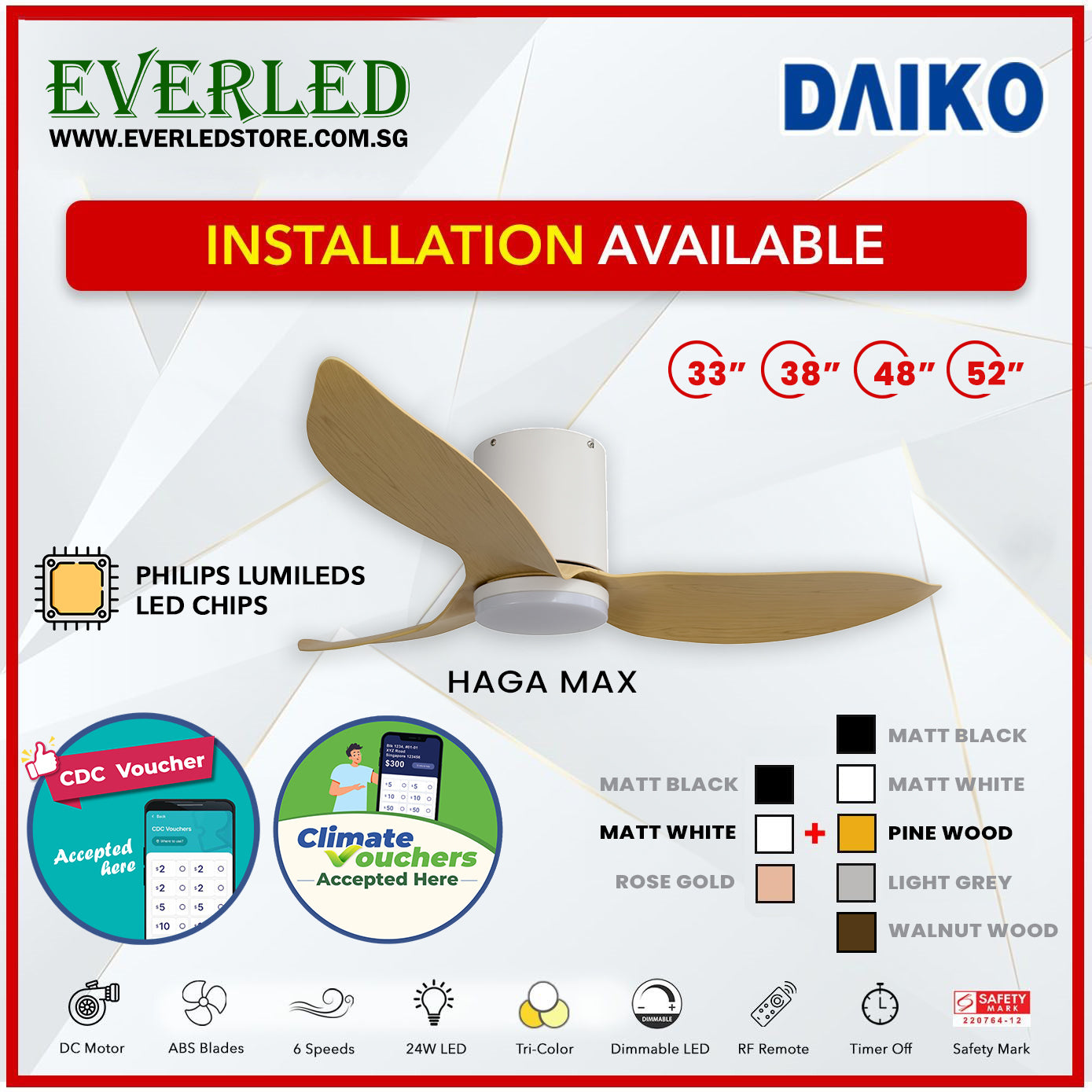 *FREE INSTALLATION* Daiko DC Haga Max 33"/38"/48"/52" with Tri-color LED (Inverter DC Fan) *CDC & Climate Voucher Accepted In Showroom*