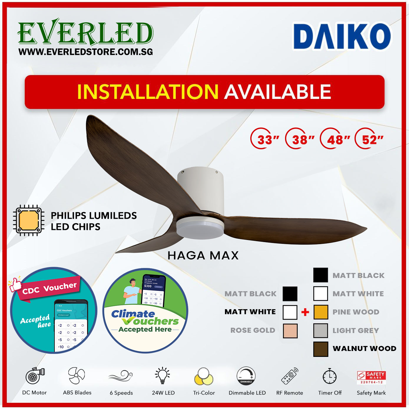 *FREE INSTALLATION* Daiko DC Haga Max 33"/38"/48"/52" with Tri-color LED (Inverter DC Fan) *CDC & Climate Voucher Accepted In Showroom*