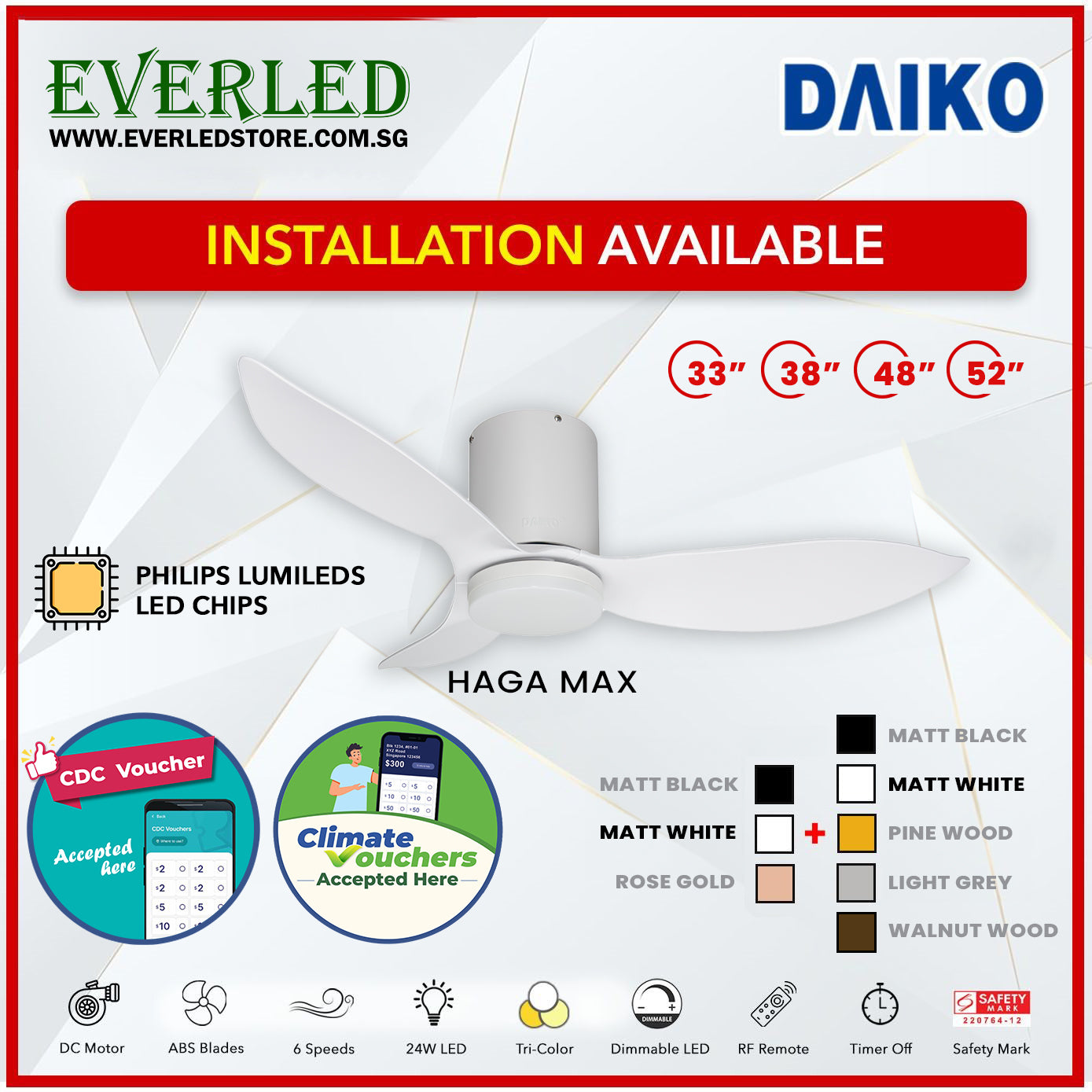 *FREE INSTALLATION* Daiko DC Haga Max 33"/38"/48"/52" with Tri-color LED (Inverter DC Fan) *CDC & Climate Voucher Accepted In Showroom*