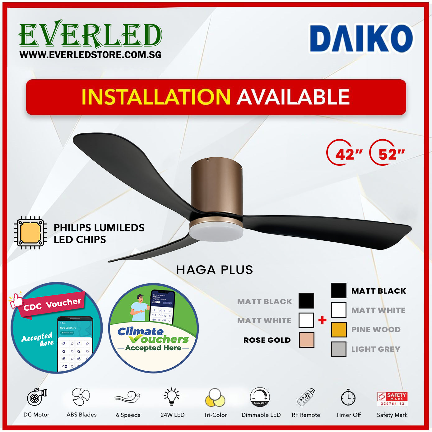 *FREE INSTALLATION* Daiko DC Haga Plus 42"/52" with Tri-color LED (Inverter DC Fan) *CDC & Climate Voucher Accepted In Showroom*