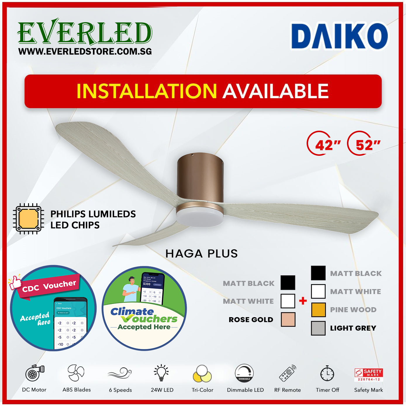 *FREE INSTALLATION* Daiko DC Haga Plus 42"/52" with Tri-color LED (Inverter DC Fan) *CDC & Climate Voucher Accepted In Showroom*