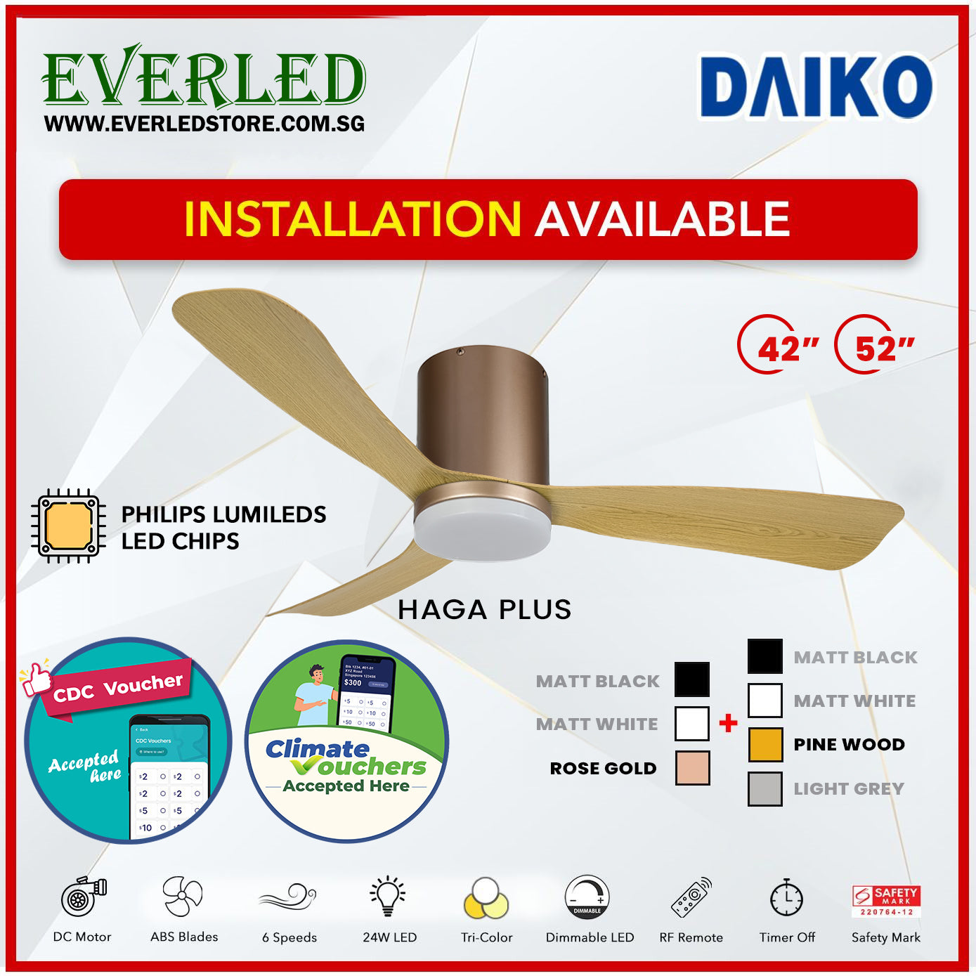*FREE INSTALLATION* Daiko DC Haga Plus 42"/52" with Tri-color LED (Inverter DC Fan) *CDC & Climate Voucher Accepted In Showroom*