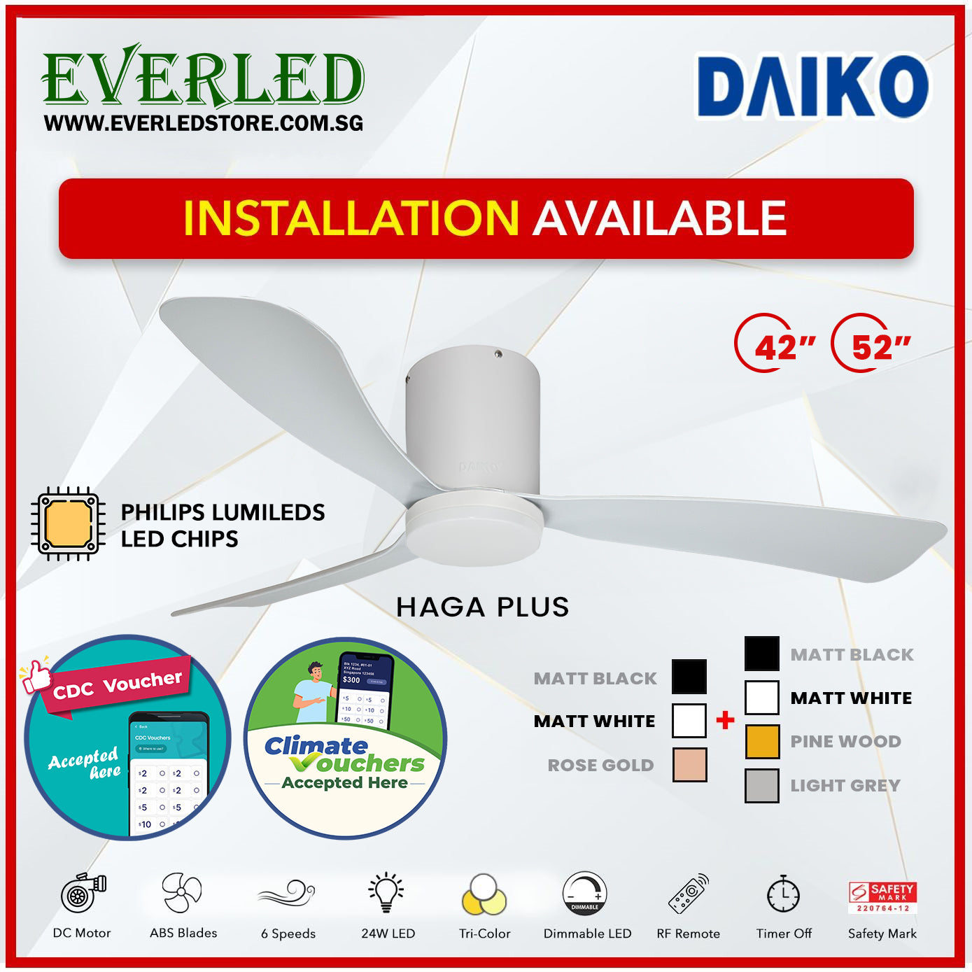 *FREE INSTALLATION* Daiko DC Haga Plus 42"/52" with Tri-color LED (Inverter DC Fan) *CDC & Climate Voucher Accepted In Showroom*