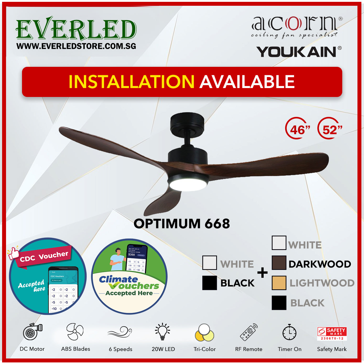 *SMART* Acorn (Youkain) *SMART DC INVERTER* Optimum 668 46"/52" with Tri-color LED *CDC & Climate Voucher Accepted In Showroom*
