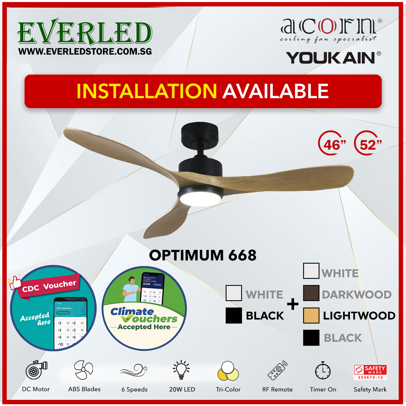 *SMART* Acorn (Youkain) *SMART DC INVERTER* Optimum 668 46"/52" with Tri-color LED *CDC & Climate Voucher Accepted In Showroom*