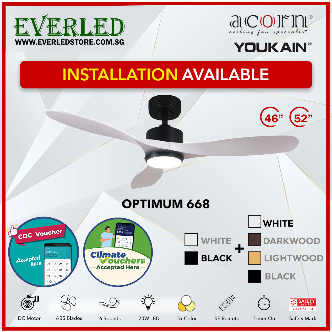 *SMART* Acorn (Youkain) *SMART DC INVERTER* Optimum 668 46"/52" with Tri-color LED *CDC & Climate Voucher Accepted In Showroom*
