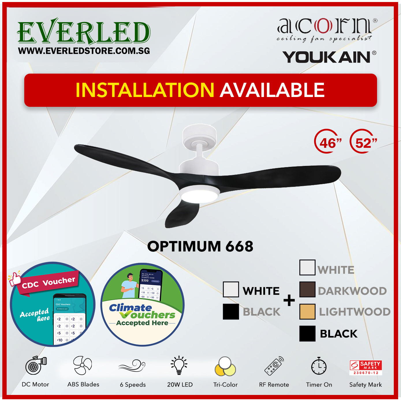 *SMART* Acorn (Youkain) *SMART DC INVERTER* Optimum 668 46"/52" with Tri-color LED *CDC & Climate Voucher Accepted In Showroom*