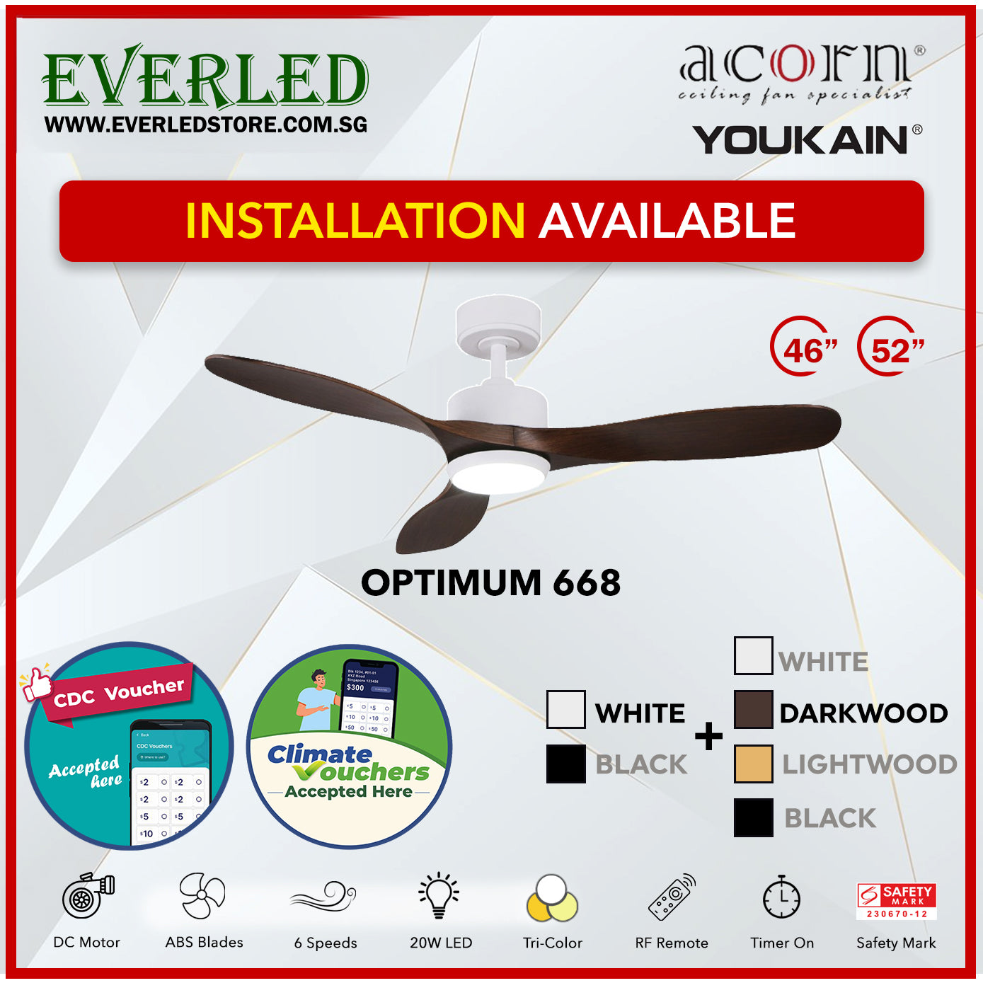 *SMART* Acorn (Youkain) *SMART DC INVERTER* Optimum 668 46"/52" with Tri-color LED *CDC & Climate Voucher Accepted In Showroom*