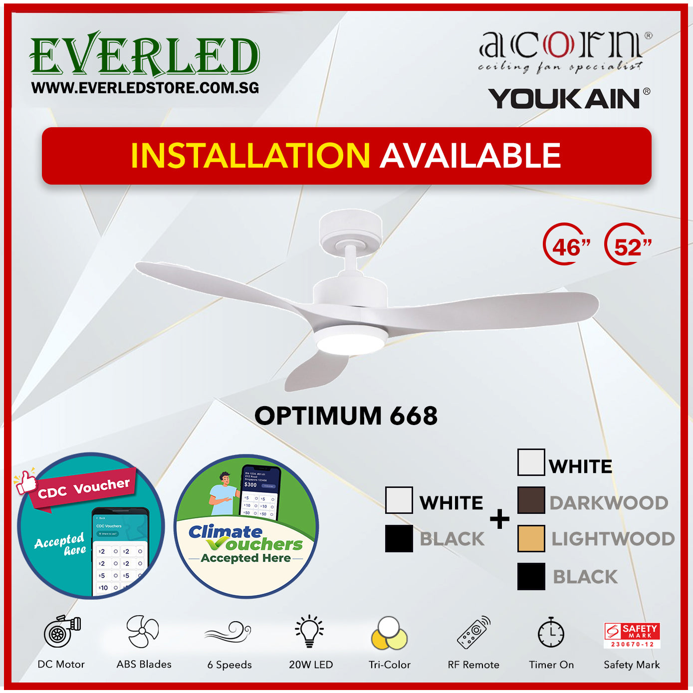 *SMART* Acorn (Youkain) *SMART DC INVERTER* Optimum 668 46"/52" with Tri-color LED *CDC & Climate Voucher Accepted In Showroom*