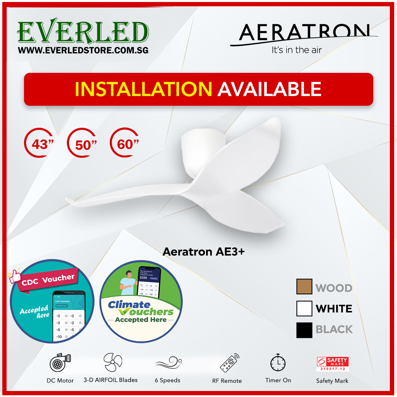 Aerartron AE3+ DC 3 Blades 43"/50"/60" (WIFI & LED light Optional) *CDC & Climate Voucher Accepted In Showroom*