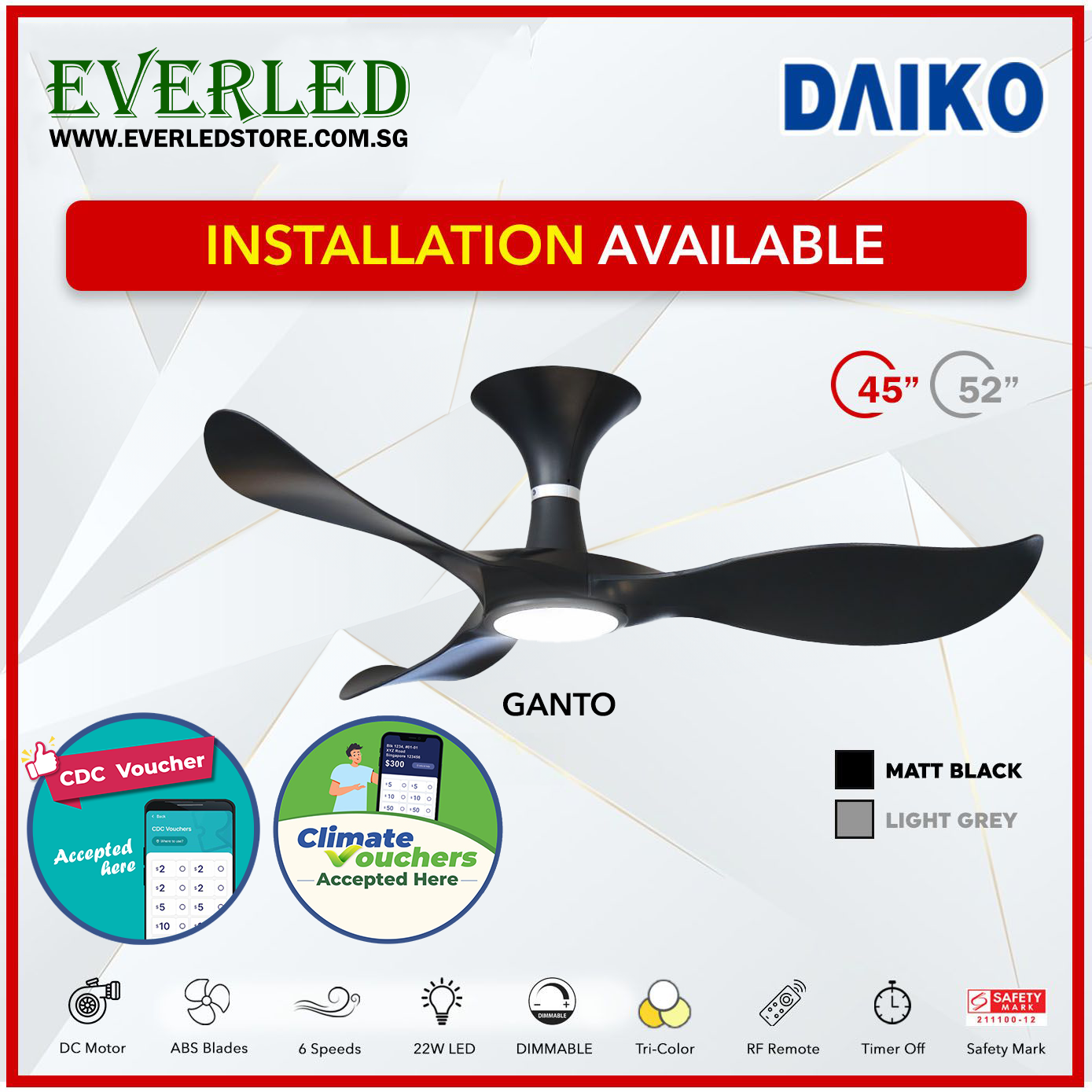 *FREE STANDARD INSTALLATION* Daiko DC Ganto 45"/52" with Dimmable Tri-color LED (Inverter DC Fan) *CDC & Climate Voucher Accepted In Showroom*