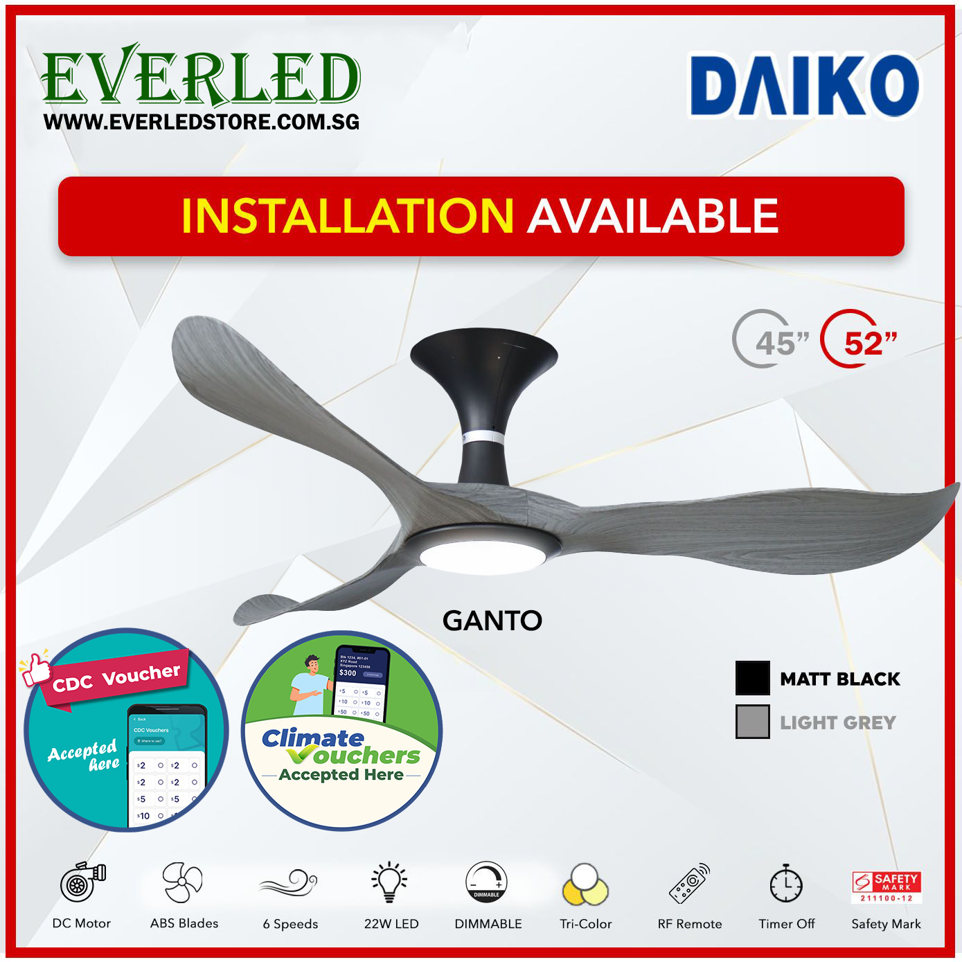*FREE STANDARD INSTALLATION* Daiko DC Ganto 45"/52" with Dimmable Tri-color LED (Inverter DC Fan) *CDC & Climate Voucher Accepted In Showroom*