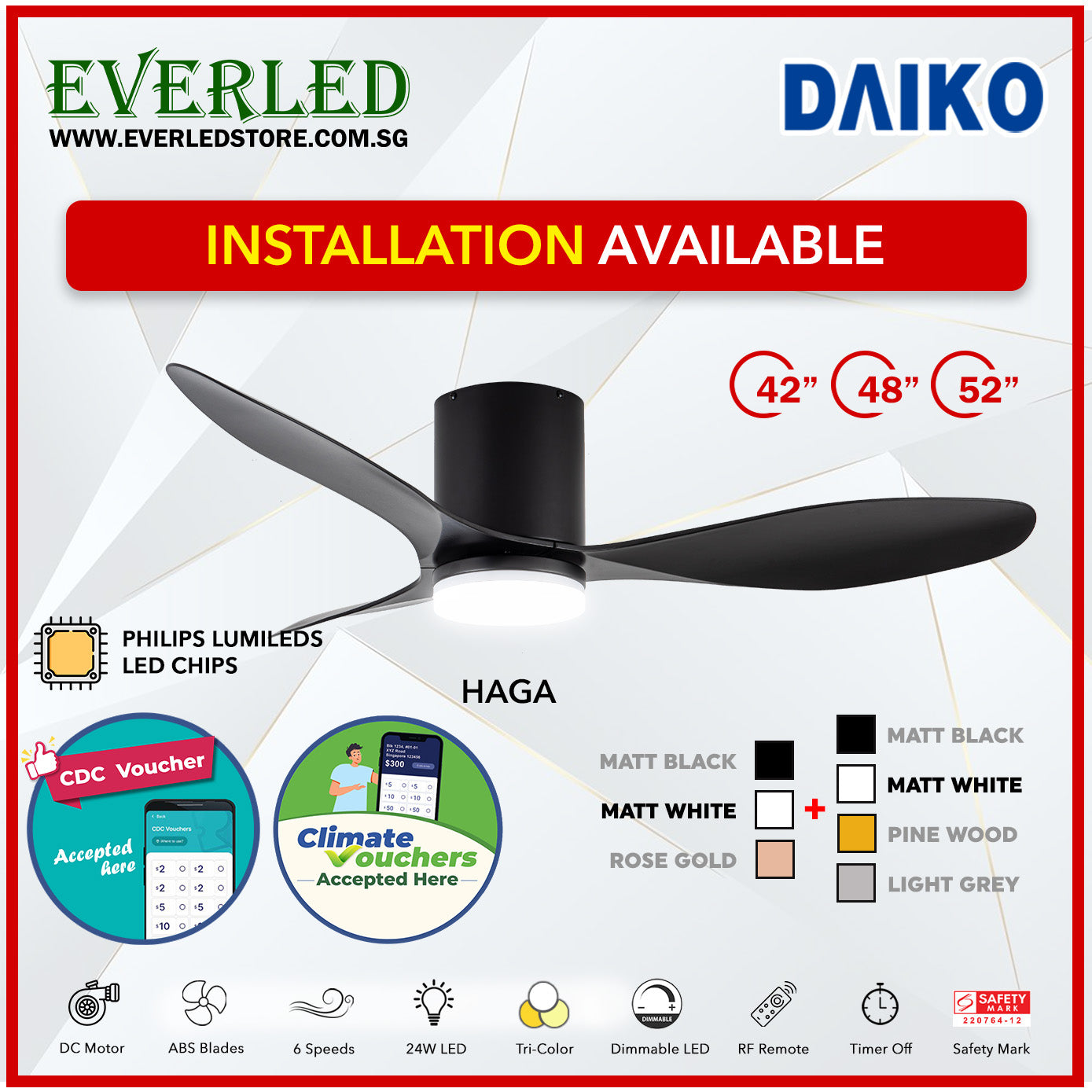 *FREE INSTALLATION* Daiko DC Haga Pro 42"/48"/52" with Tri-color LED (Inverter DC Fan) *CDC & Climate Voucher Accepted In Showroom*