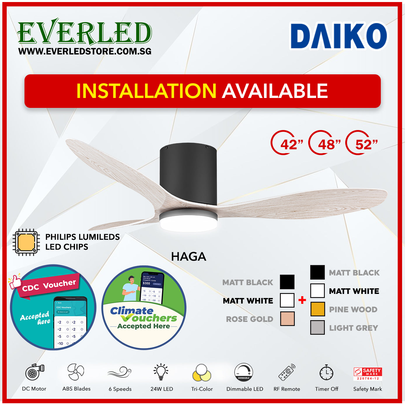 *FREE INSTALLATION* Daiko DC Haga Pro 42"/48"/52" with Tri-color LED (Inverter DC Fan) *CDC & Climate Voucher Accepted In Showroom*