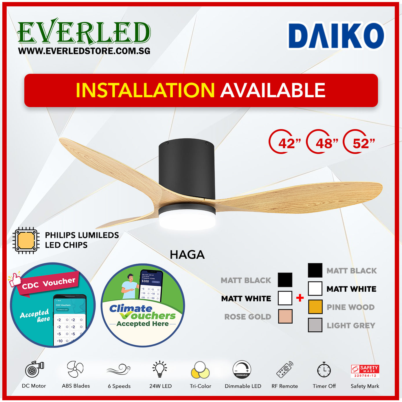 *FREE INSTALLATION* Daiko DC Haga Pro 42"/48"/52" with Tri-color LED (Inverter DC Fan) *CDC & Climate Voucher Accepted In Showroom*