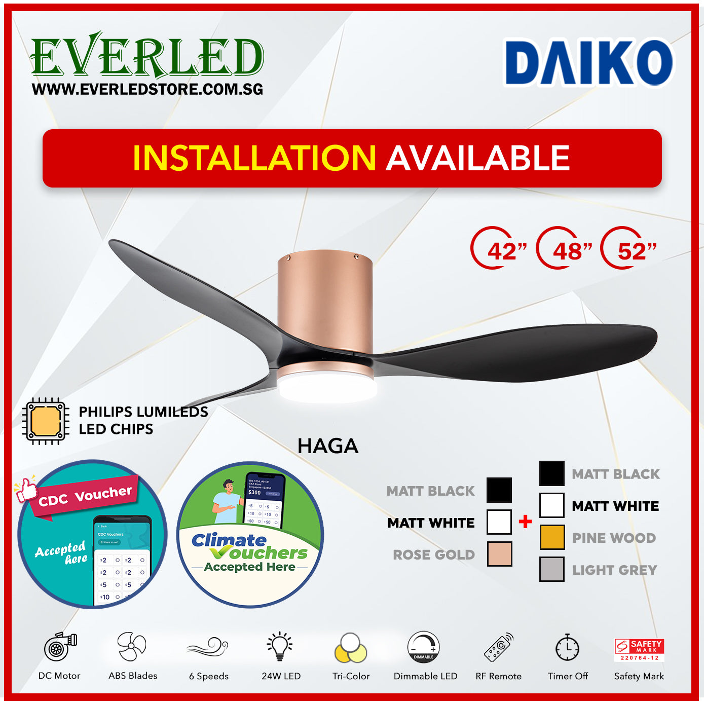 *FREE INSTALLATION* Daiko DC Haga Pro 42"/48"/52" with Tri-color LED (Inverter DC Fan) *CDC & Climate Voucher Accepted In Showroom*