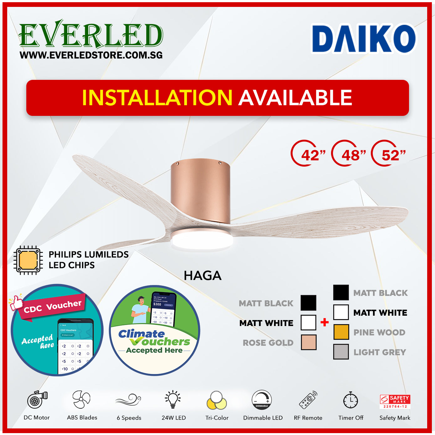 *FREE INSTALLATION* Daiko DC Haga Pro 42"/48"/52" with Tri-color LED (Inverter DC Fan) *CDC & Climate Voucher Accepted In Showroom*