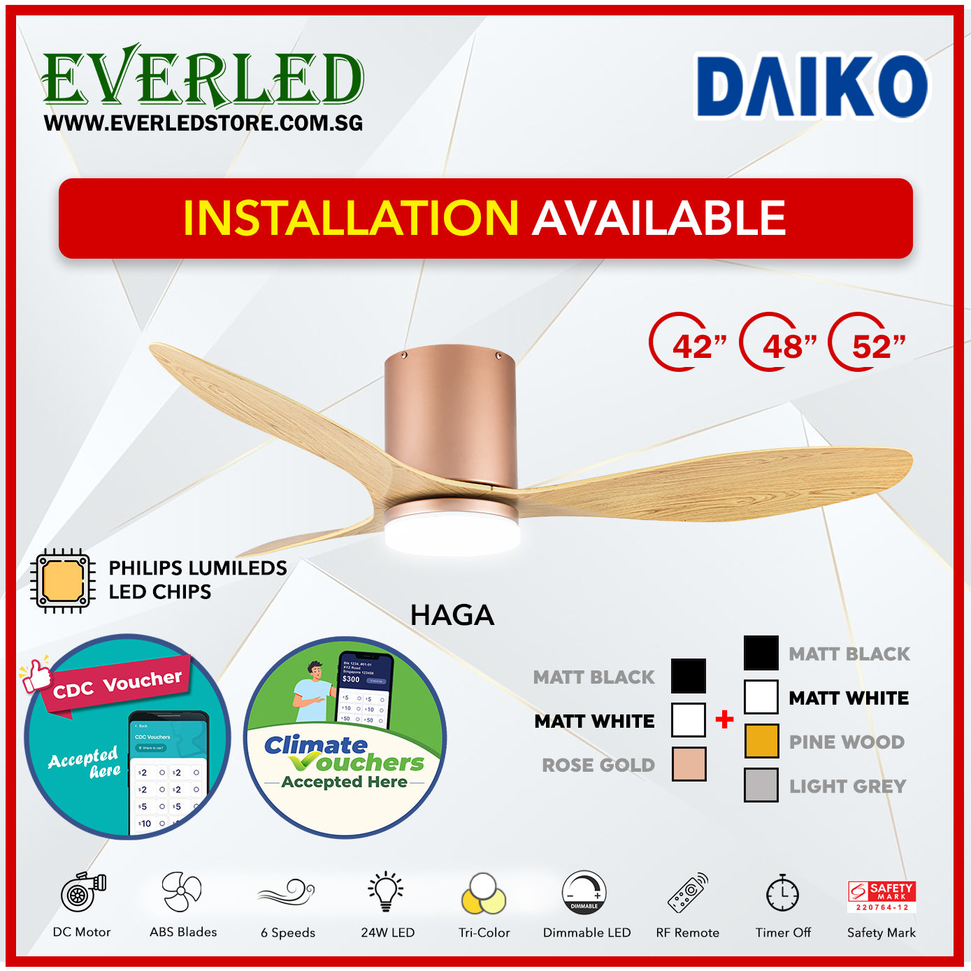 *FREE INSTALLATION* Daiko DC Haga Pro 42"/48"/52" with Tri-color LED (Inverter DC Fan) *CDC & Climate Voucher Accepted In Showroom*