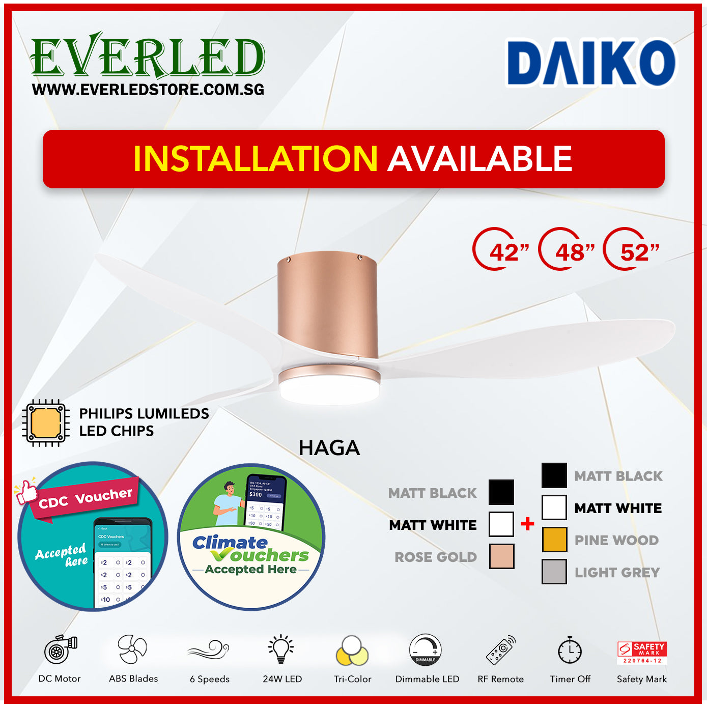 *FREE INSTALLATION* Daiko DC Haga Pro 42"/48"/52" with Tri-color LED (Inverter DC Fan) *CDC & Climate Voucher Accepted In Showroom*