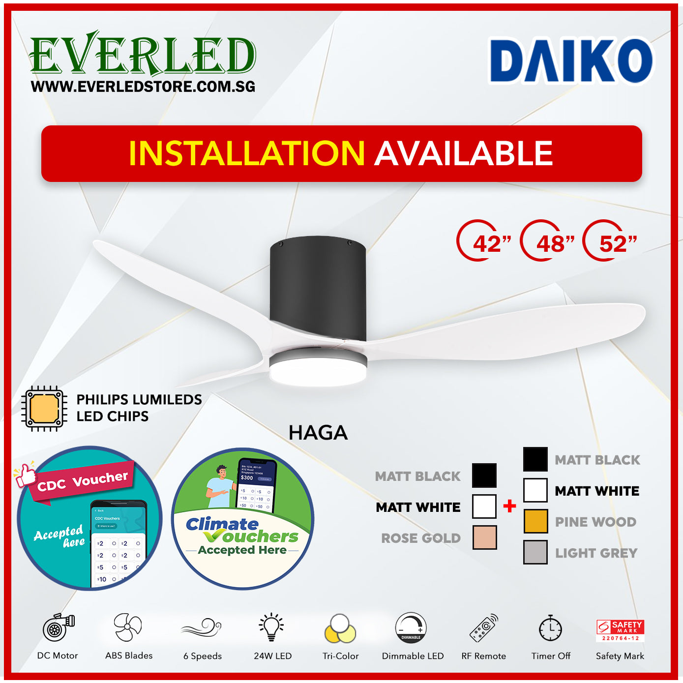 *FREE INSTALLATION* Daiko DC Haga Pro 42"/48"/52" with Tri-color LED (Inverter DC Fan) *CDC & Climate Voucher Accepted In Showroom*
