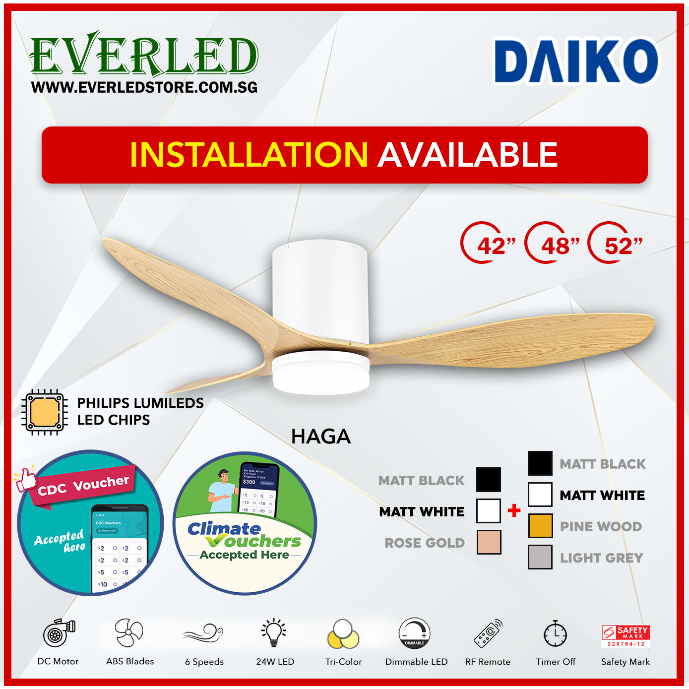 *FREE INSTALLATION* Daiko DC Haga Pro 42"/48"/52" with Tri-color LED (Inverter DC Fan) *CDC & Climate Voucher Accepted In Showroom*