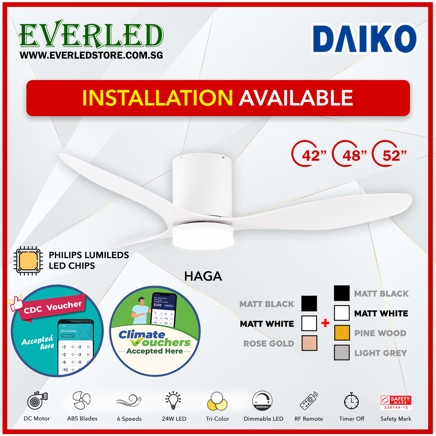 *FREE INSTALLATION* Daiko DC Haga Pro 42"/48"/52" with Tri-color LED (Inverter DC Fan) *CDC & Climate Voucher Accepted In Showroom*
