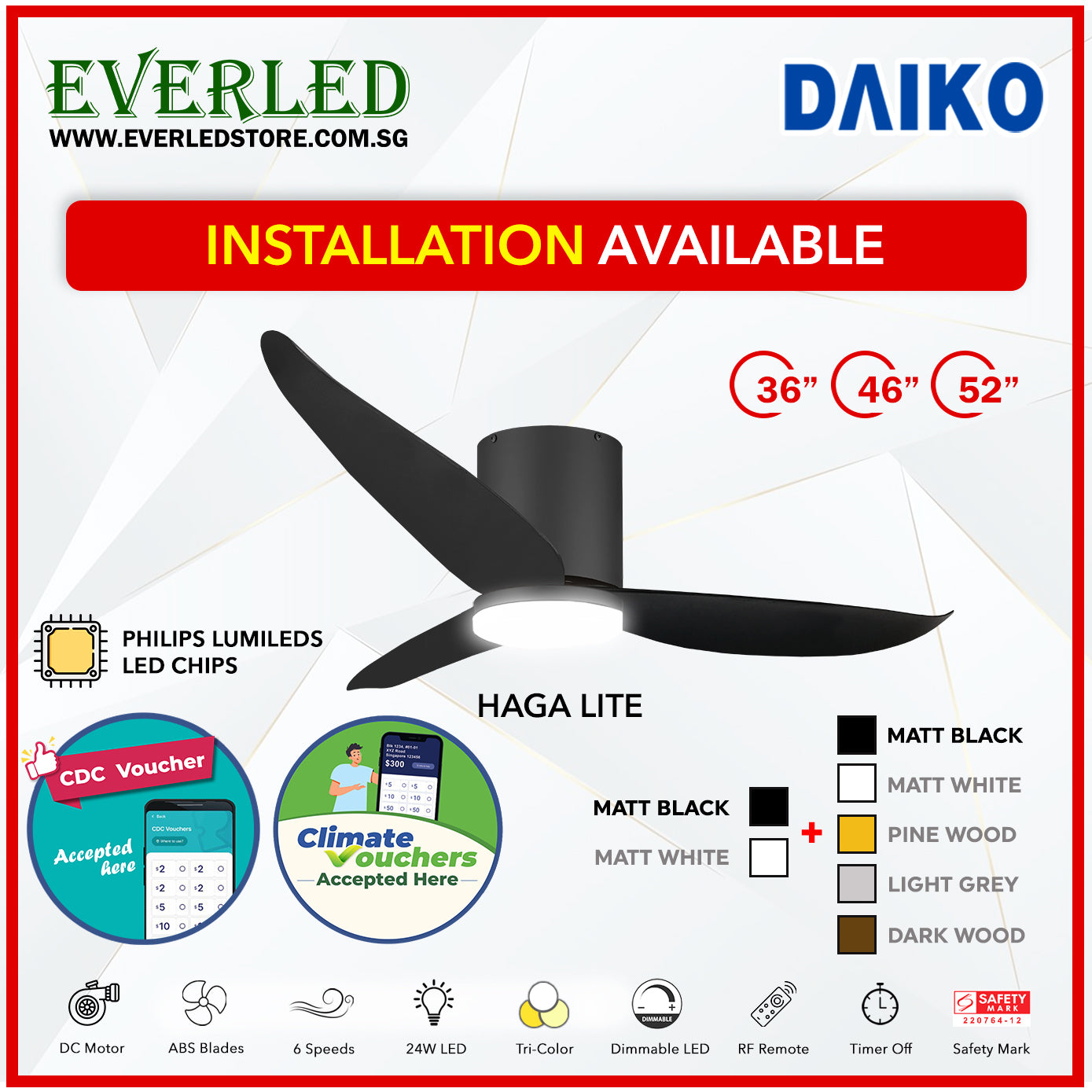 *FREE INSTALLATION* Daiko DC Haga Lite 36"/46"/52" with Tri-color LED (Inverter DC Fan) *CDC & Climate Voucher Accepted In Showroom*