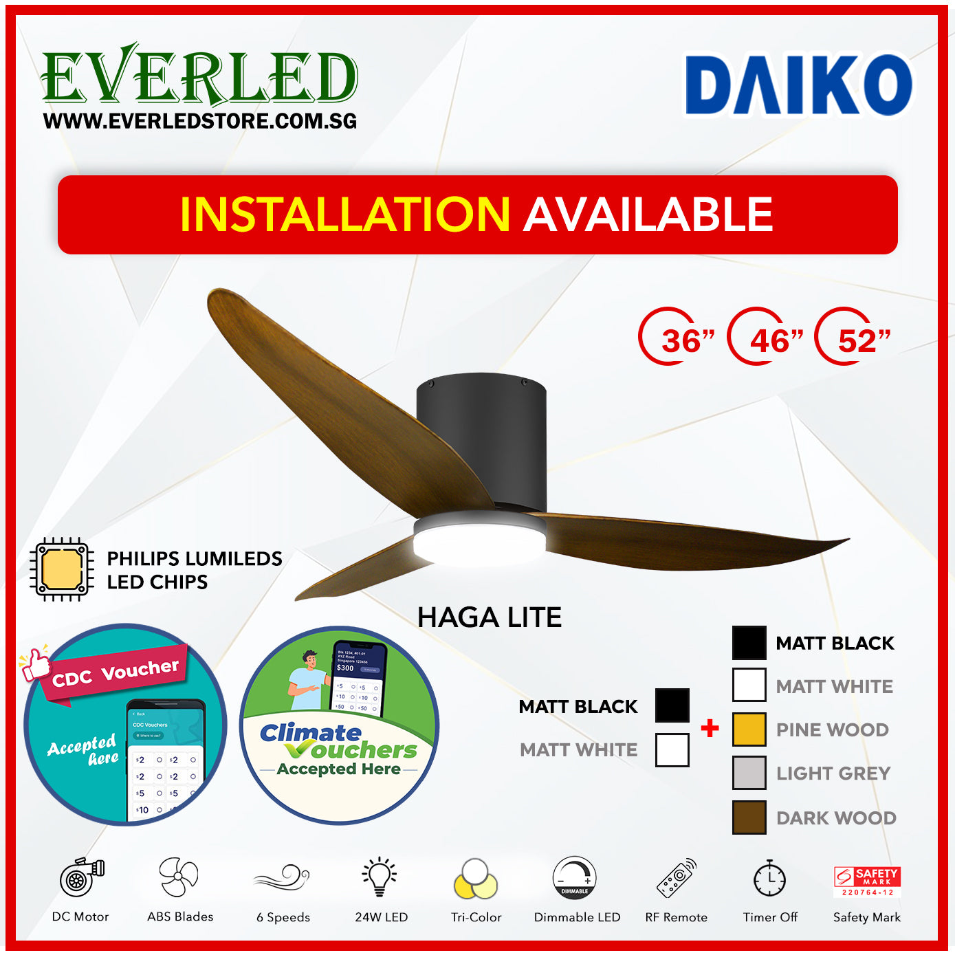 *FREE INSTALLATION* Daiko DC Haga Lite 36"/46"/52" with Tri-color LED (Inverter DC Fan) *CDC & Climate Voucher Accepted In Showroom*