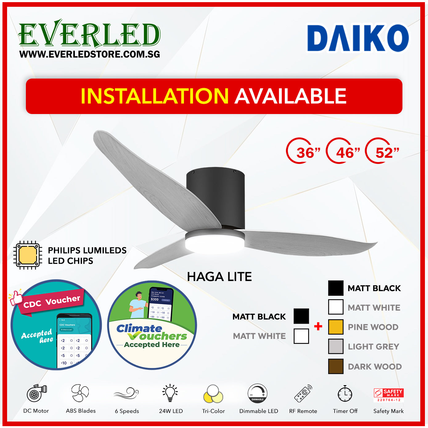 *FREE INSTALLATION* Daiko DC Haga Lite 36"/46"/52" with Tri-color LED (Inverter DC Fan) *CDC & Climate Voucher Accepted In Showroom*
