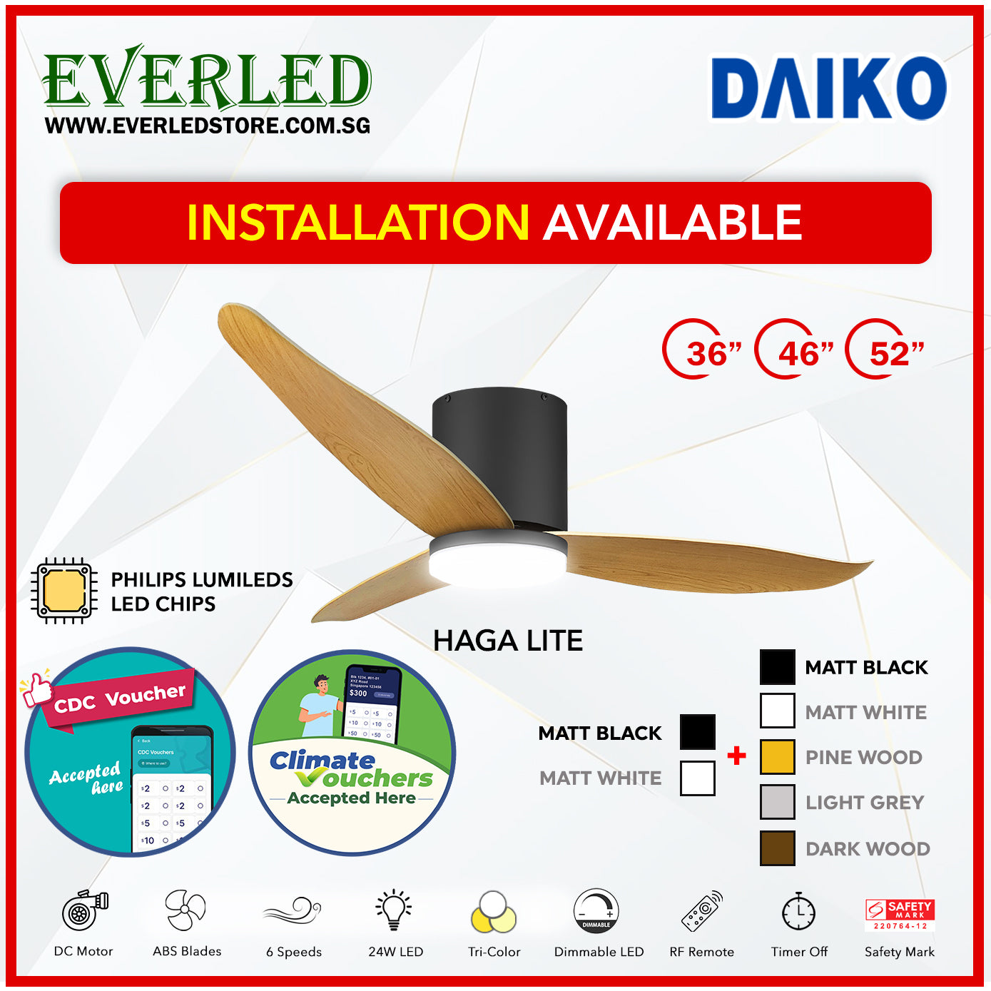 *FREE INSTALLATION* Daiko DC Haga Lite 36"/46"/52" with Tri-color LED (Inverter DC Fan) *CDC & Climate Voucher Accepted In Showroom*