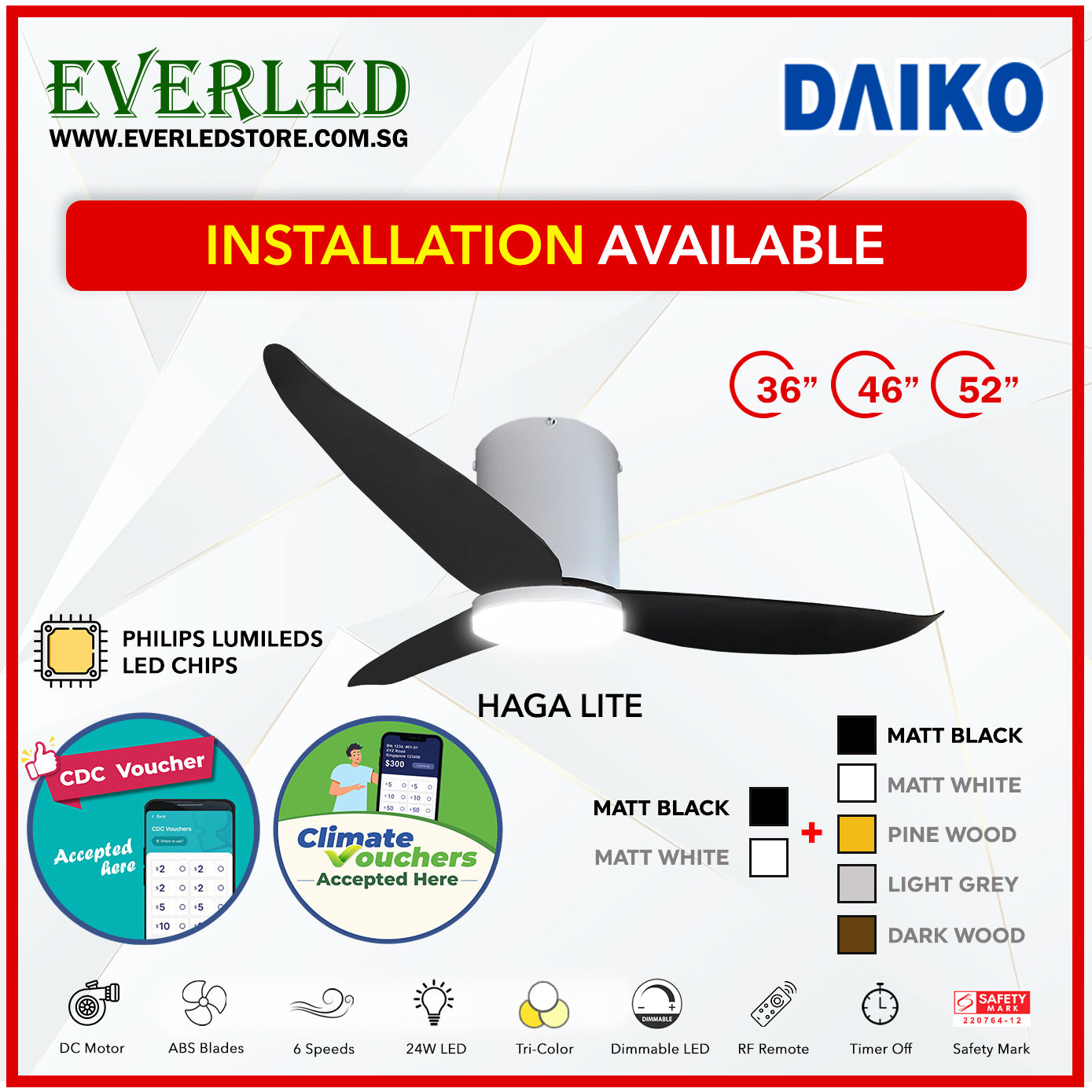*FREE INSTALLATION* Daiko DC Haga Lite 36"/46"/52" with Tri-color LED (Inverter DC Fan) *CDC & Climate Voucher Accepted In Showroom*