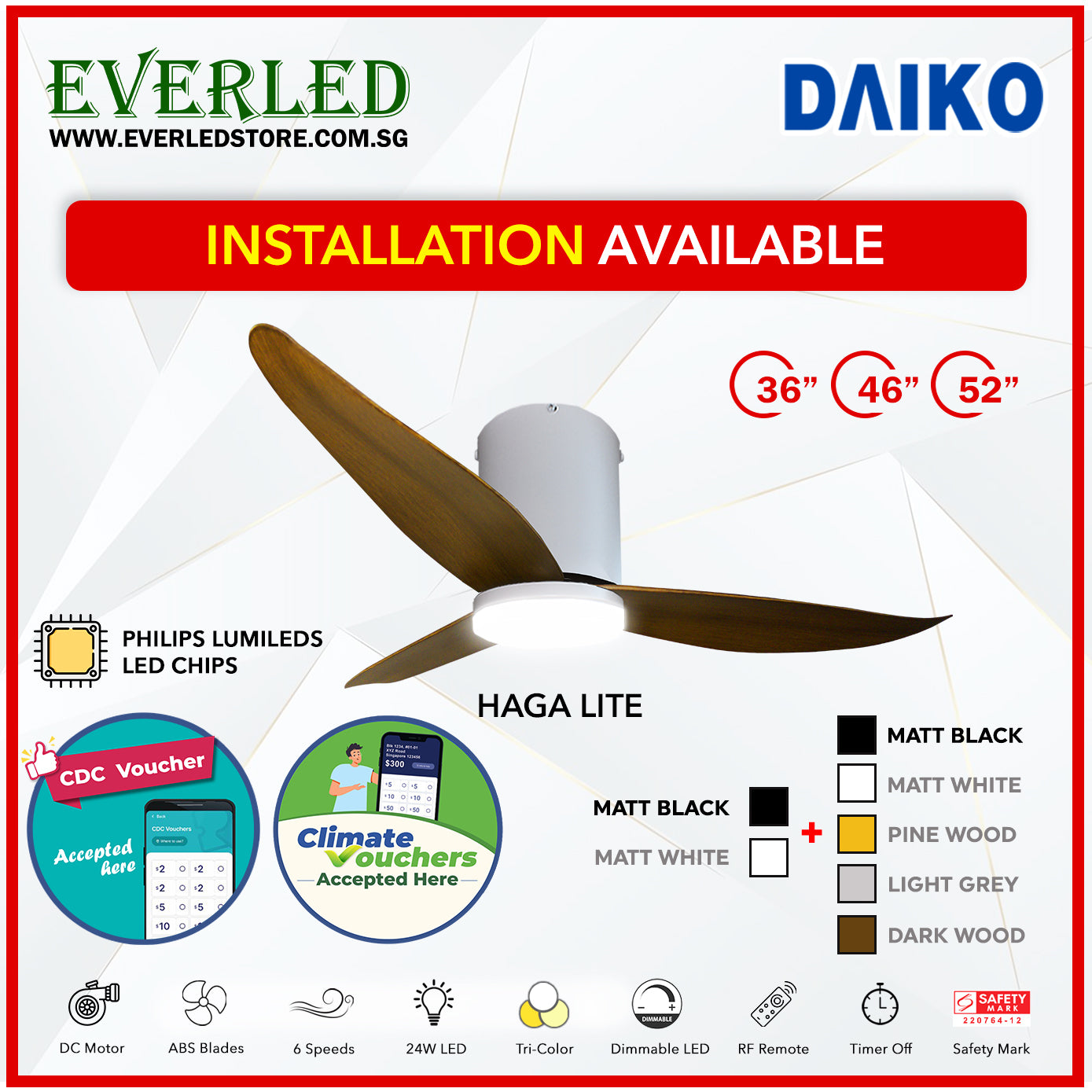 *FREE INSTALLATION* Daiko DC Haga Lite 36"/46"/52" with Tri-color LED (Inverter DC Fan) *CDC & Climate Voucher Accepted In Showroom*