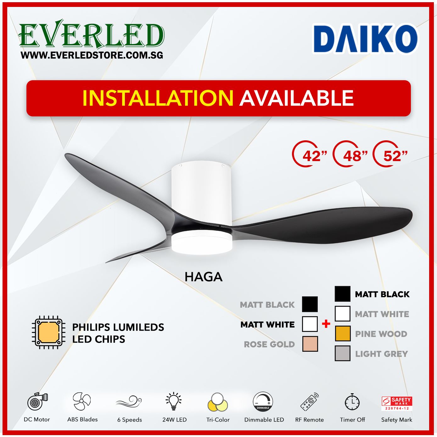 *FREE INSTALLATION* Daiko DC Haga Pro 42"/48"/52" with Tri-color LED (Inverter DC Fan) *CDC & Climate Voucher Accepted In Showroom*