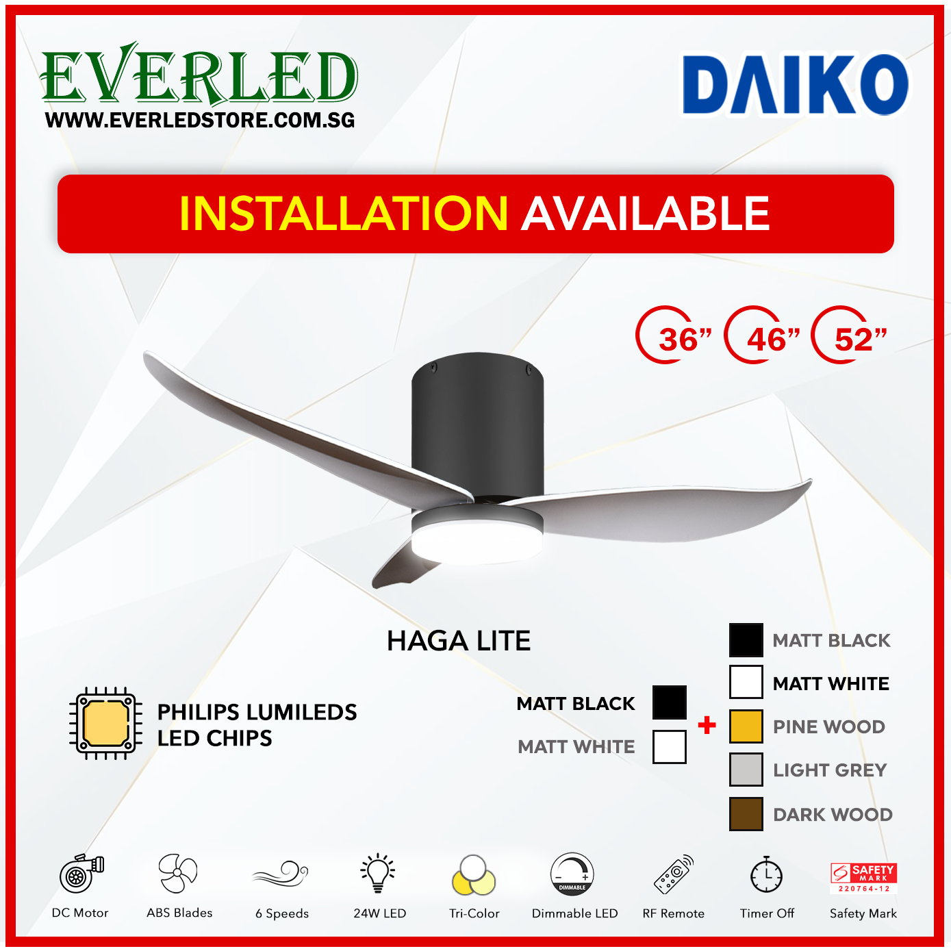 *FREE INSTALLATION* Daiko DC Haga Lite 36"/46"/52" with Tri-color LED (Inverter DC Fan) *CDC & Climate Voucher Accepted In Showroom*