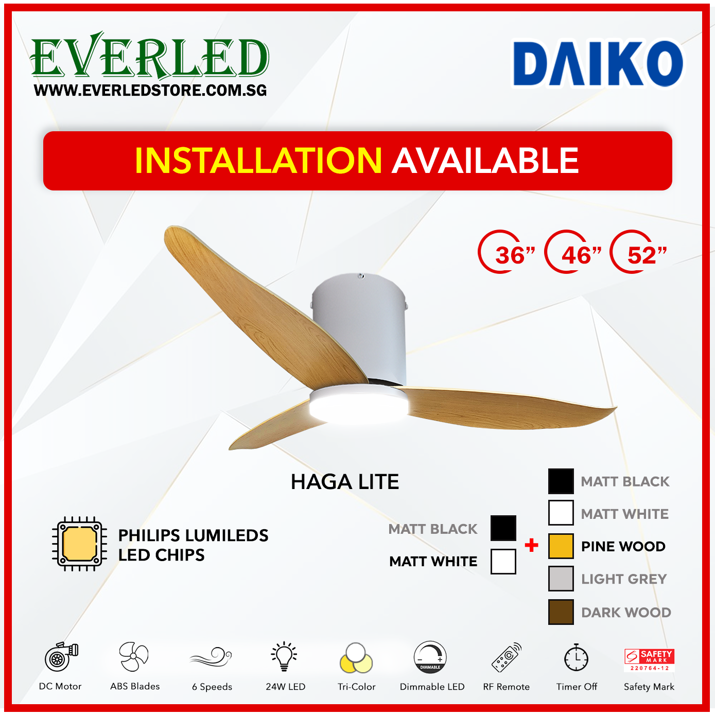 *FREE INSTALLATION* Daiko DC Haga Lite 36"/46"/52" with Tri-color LED (Inverter DC Fan) *CDC & Climate Voucher Accepted In Showroom*