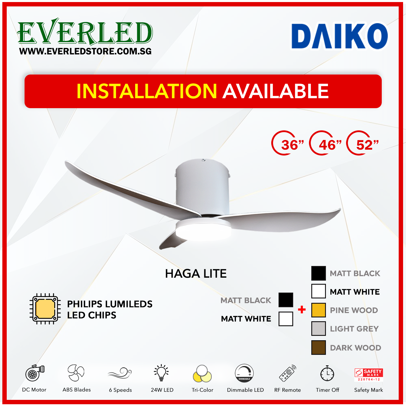 *FREE INSTALLATION* Daiko DC Haga Lite 36"/46"/52" with Tri-color LED (Inverter DC Fan) *CDC & Climate Voucher Accepted In Showroom*