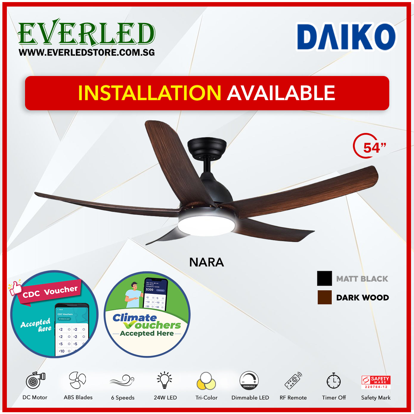 *STANDARD INSTALLATION* Daiko DC Nara 54" with Tri-color LED (Inverter DC Fan) *CDC & Climate Voucher Accepted In Showroom*
