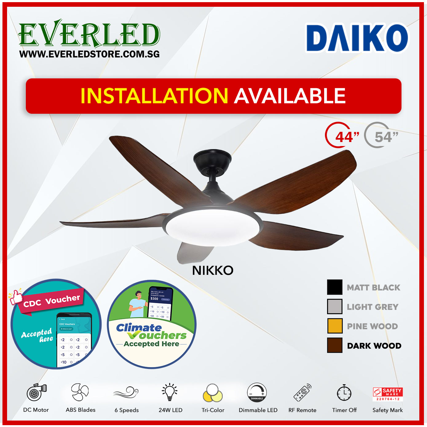 *FREE STANDARD INSTALLATION* Daiko DC Nikko5 44" with Tri-color LED (Inverter DC Fan) *CDC & Climate Voucher Accepted In Showroom*