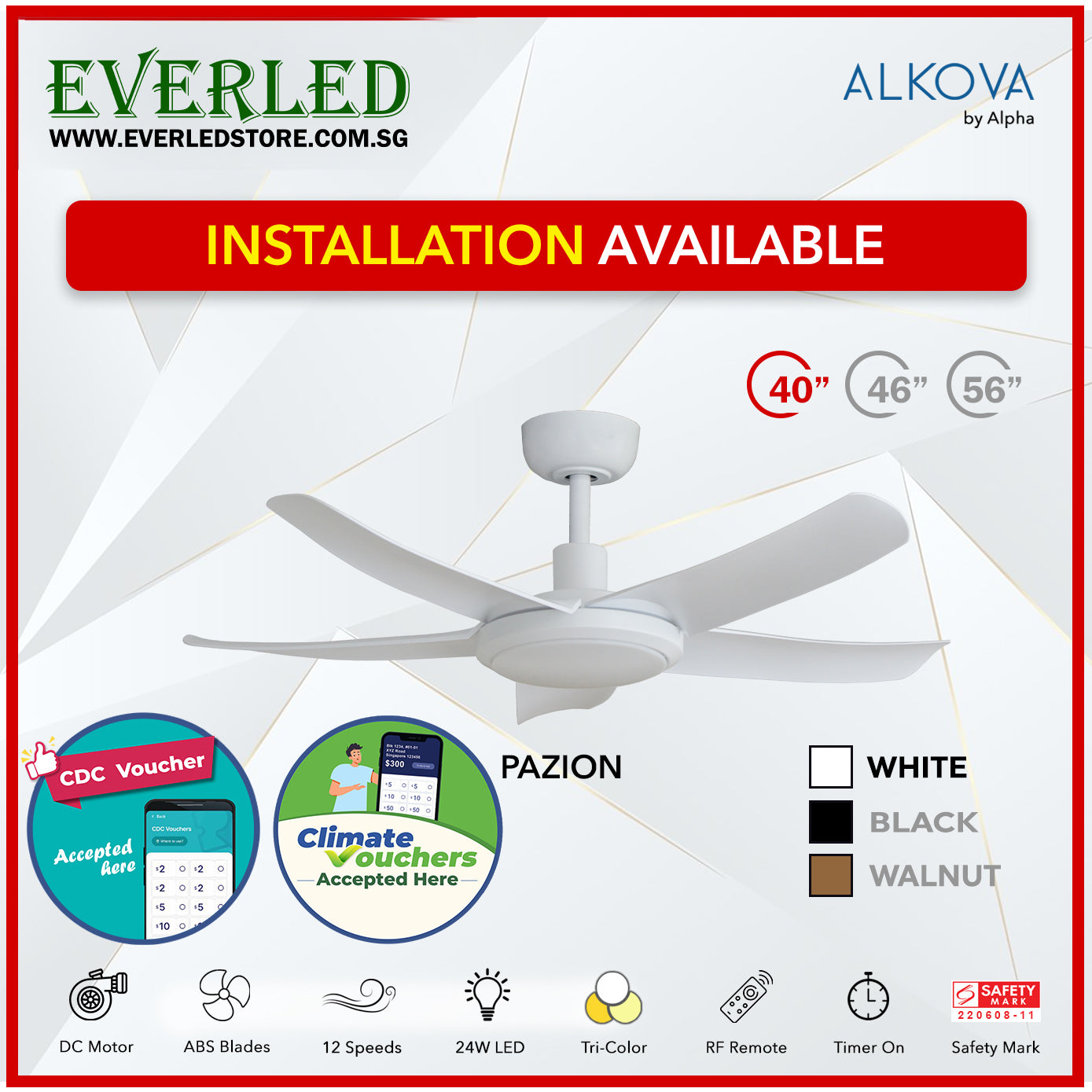 *STANDARD INSTALLATION* Alpha DC Pazion 40/46/56" with Tri-colour LED (Inverter DC fan) *CDC & Climate Voucher Accepted In Showroom*