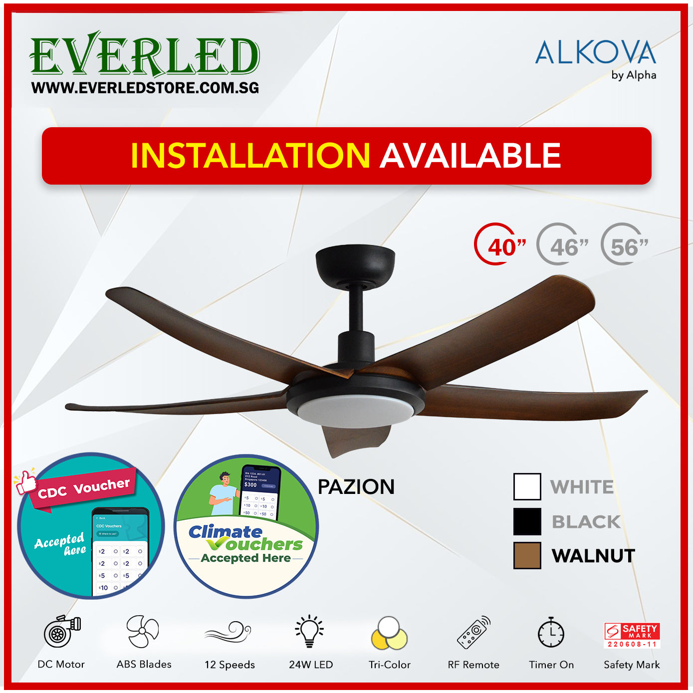 *STANDARD INSTALLATION* Alpha DC Pazion 40/46/56" with Tri-colour LED (Inverter DC fan) *CDC & Climate Voucher Accepted In Showroom*